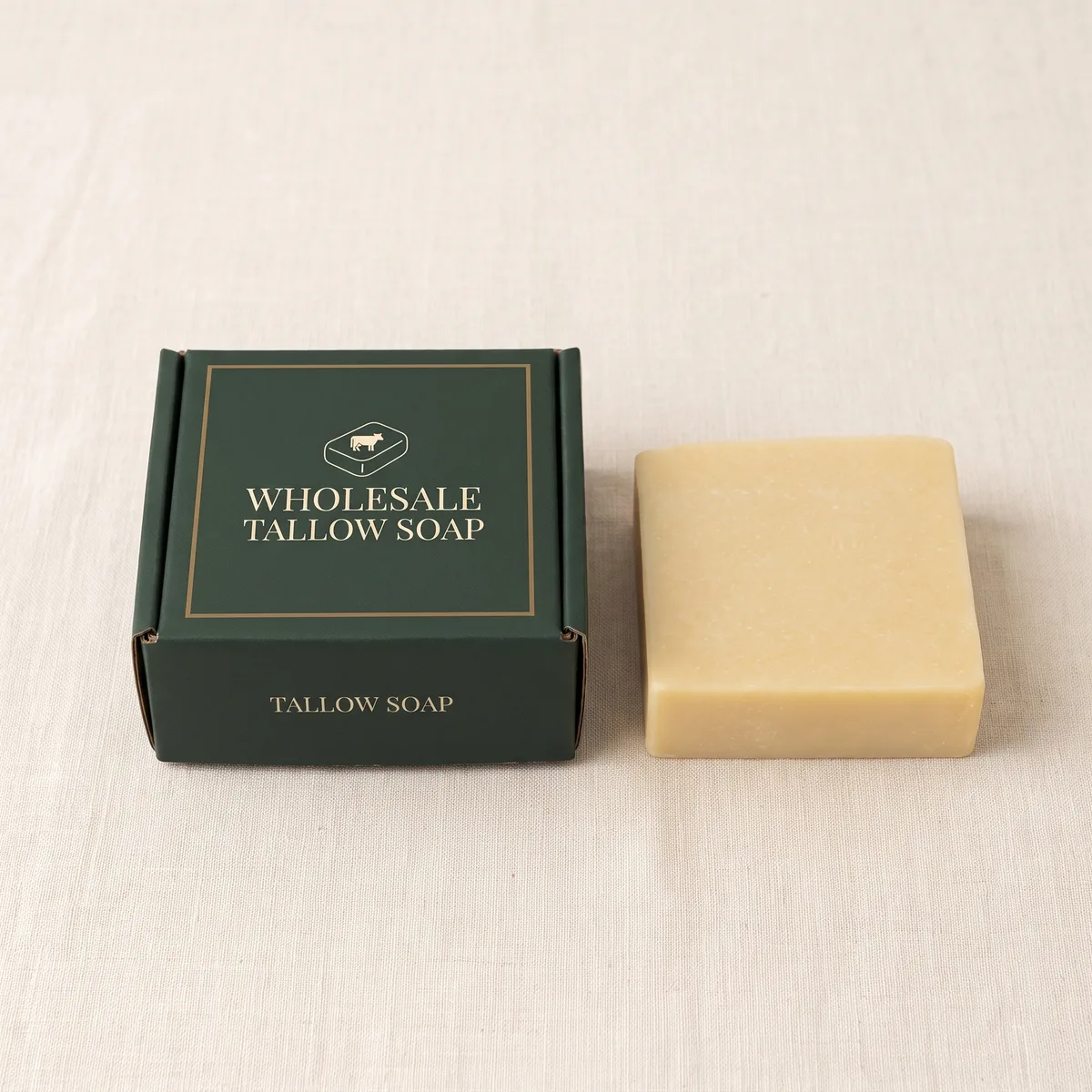 Closed custom printed tallow soap box in forest green with the Wholesale Tallow Soap logo on the lid, next to a bar of tallow soap
