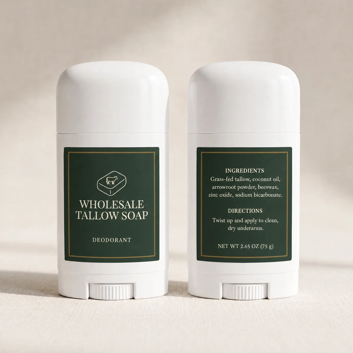 Two white deodorant sticks with custom printed green front and back labels