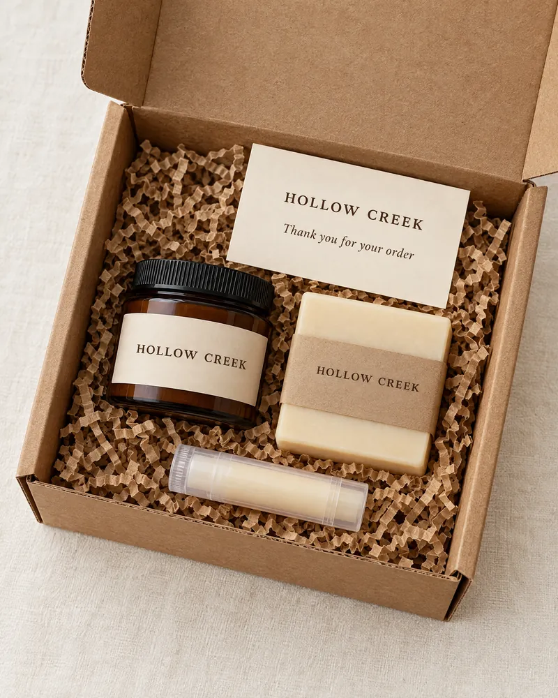 An open shipping box with a Hollow Creek balm jar, banded soap bar, lip balm and a thank-you card, packed for one order
