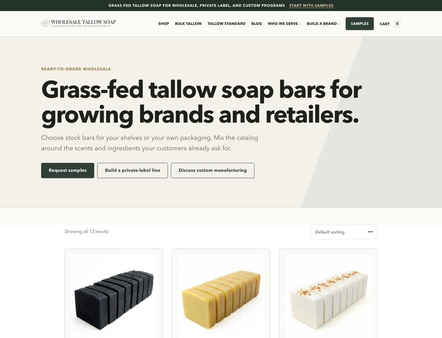 Wholesale Tallow Soap USA live storefront with grass-fed tallow soap product catalog