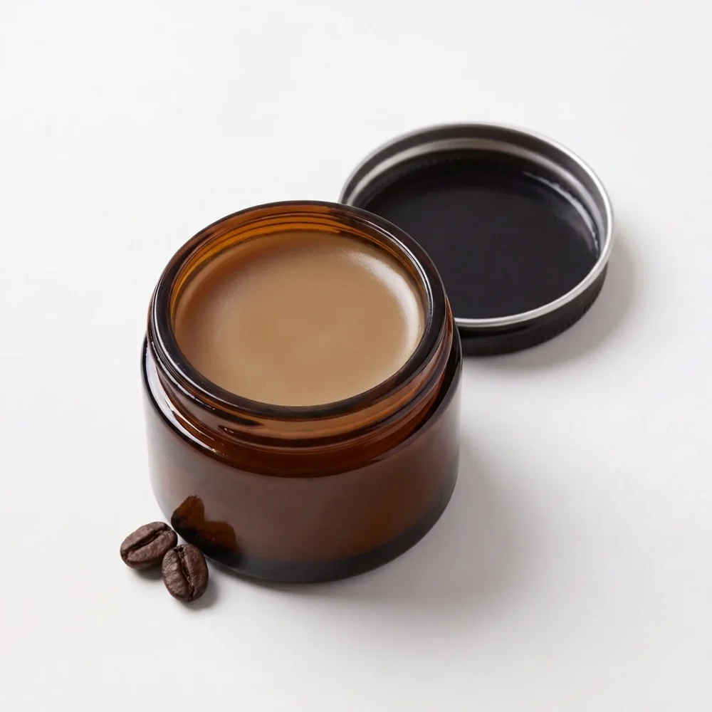 Coffee & Tallow Eye Balm in an open amber glass jar with coffee beans