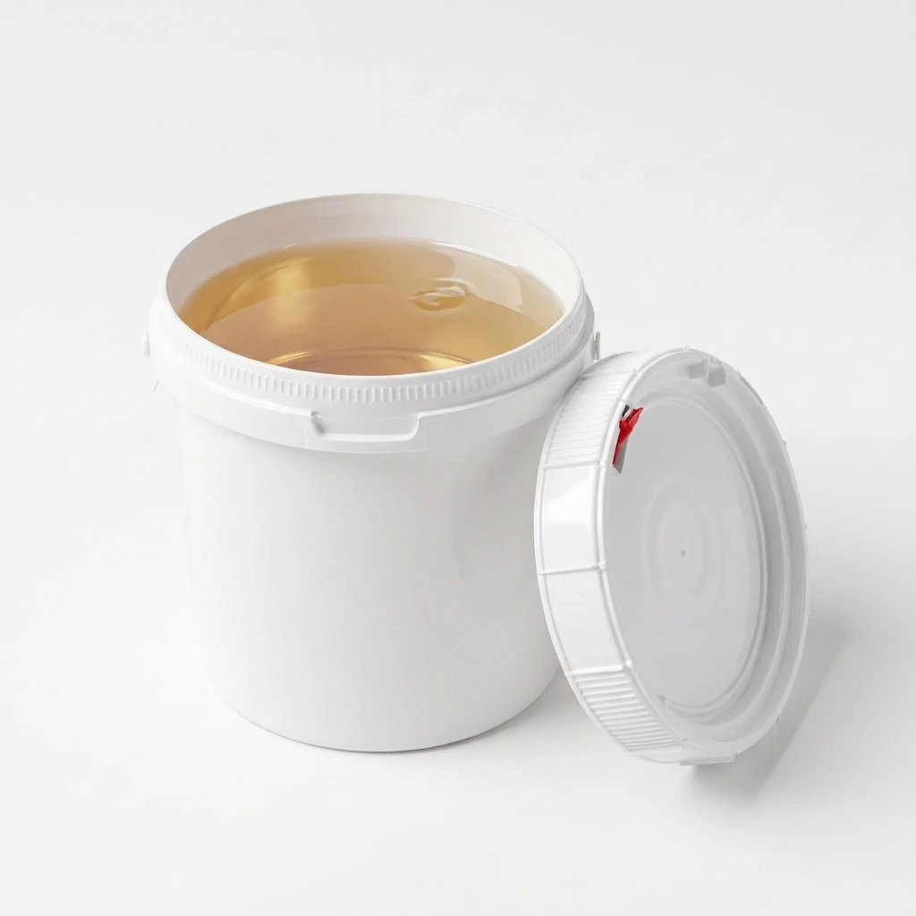 Tallow liquid soap in an open white pail with its screw lid